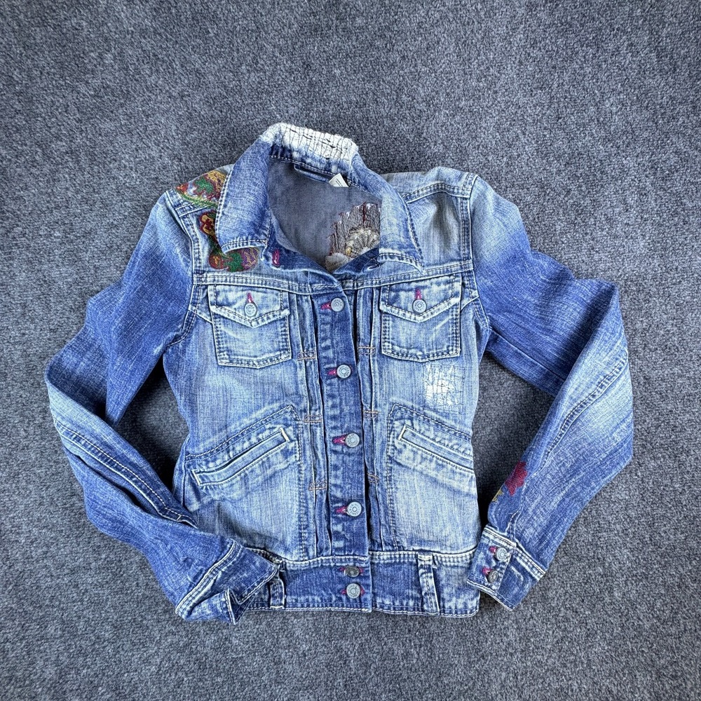 Mavi Trucker Jacket Womens XS Blue Denim Embroidered Long Sleeve Button Front